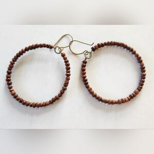 WOODEN BROWN BEAD HOOP PIERCED EARRINGS